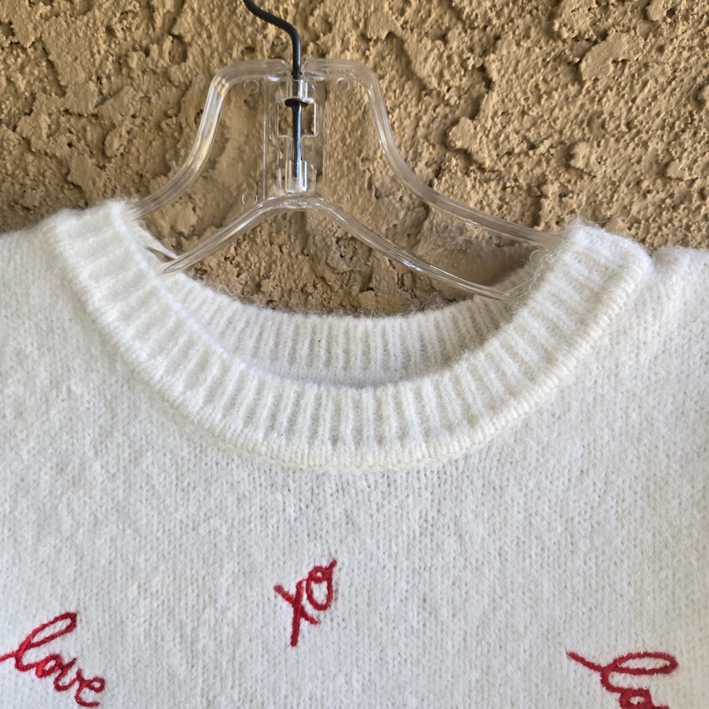 Cynthia Rowley Love Script Sweater White & Red Embroidered Puff Sleeve NWT XS - Picture 5 of 8